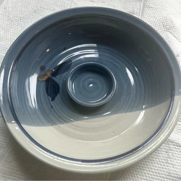 Art Studio Pottery Ceramic Serving Dish with Bowl Chip Dip Appetizer Blue Signed